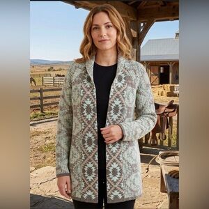 Quinn Southwestern Patterned Knit Cardigan - Teal, Brown,Tan - Size Large